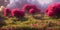 AI generated illustration of a scenic meadow full of pink flowers and trees with pink leaves