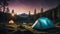 AI generated illustration of a scenic night view of two camping tents