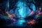 AI generated illustration of a scenic nighttime forest landscape with illuminated mushrooms
