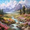 AI generated illustration of a scenic painting of majestic mountains with a small stream