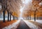 AI generated illustration of a scenic pathway lined with autumnal trees, dusted with a layer of snow