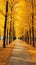 AI generated illustration of a scenic pathway lined with vibrant yellow foliage