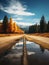 AI generated illustration of a scenic rural road is covered in a layer of mud, with trees