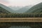 AI generated illustration of a scenic view of a lush mountain valley, featuring a tranquil pond
