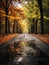 AI generated illustration of a scenic view of a winding empty road lined with autumnal foliage