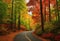 AI generated illustration of a scenic view of a winding road surrounded by vibrant fall foliage