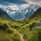 AI generated illustration of a scenic winding dirt road surrounded by lush green grass