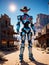 AI generated illustration of a sci-fi-inspired robot cowboy in a traditional cityscape