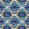 AI generated illustration of seamless vibrant embroidered fabric with intricate blue floral designs