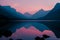 AI generated illustration of a serene landscape of layered mountain ridges, reflective lake
