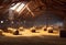 AI generated illustration of several hay bales scattered in an empty barn filled with windows