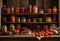 AI generated illustration of a shelving unit showcasing a colorful selection of jars and fruits