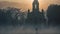 AI generated illustration of silhouetted trees surround an ancient cathedral in dawn fog