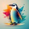 AI generated illustration of a single penguin perched atop a vibrant surfboard