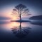 AI-generated illustration of a single tree in stark contrast against a lake on a solitary island