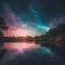 AI generated illustration of a sky with hues of purple, green and blue stretches across the horizon