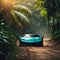 AI generated illustration of a sleek, blue car in a jungle