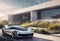 AI-generated illustration of a sleek electric car parked in front of a modern house