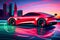 AI generated illustration of a sleek electric sports car in the city illuminated by neon lights