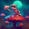 AI generated illustration of a small amphibian atop a vibrant mushroom, illuminated by full moon