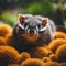 AI generated illustration of a small brown rodent perched atop a cluster of bright orange flowers