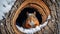AI generated illustration of a small, brown squirrel stands alertly in a tree hollow