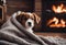 AI generated illustration of a small brown and white dog resting on a blanket beside a fireplace