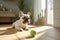 AI generated illustration of a small canine companion sitting beside a tennis ball on the floor