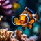 AI generated illustration of a small clownfish swimming among the coral reefs in the calm waters