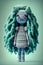 AI generated illustration of a small knitted girl doll with green hair against a green background