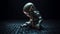 AI generated illustration of a small robotic baby in a dimly lit room