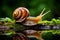 AI generated illustration of a small snail reflecting in a mossy puddle