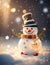 AI generated illustration of a snowman illuminated by bright twinkling lights