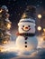 AI generated illustration of a snowman illuminated by bright twinkling lights