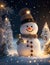 AI generated illustration of a snowman illuminated by bright twinkling lights