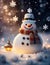 AI generated illustration of a snowman illuminated by bright twinkling lights