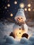 AI generated illustration of a snowman illuminated by bright twinkling lights