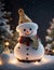 AI generated illustration of a snowman illuminated by bright twinkling lights