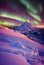 AI generated illustration of snowy rocky mountain under bright colorful Northern lights