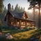AI generated illustration of a solitary cabin in forest at sunset