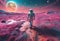 AI generated illustration of a space-suited astronaut walking across a surreal landscape