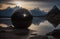 AI generated illustration of a spherical glass orb sitting atop a rocky shoreline by a tranquil lake