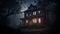 AI generated illustration of a spooky, abandoned house illuminated by a light