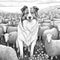 AI generated illustration of a spotted dog in a meadow of tall grass, facing a herd of sheep