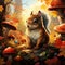 AI generated illustration of a squirrel perched near mushrooms in a forest