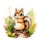 AI generated illustration of a squirrel stands atop a tree stump on a white background