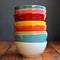 AI-generated illustration of a stack of colorful bowls on a wooden table