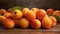 AI generated illustration of a stack of fresh, juicy apricots on a wooden table