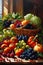 AI generated illustration of a stack of fresh vegetables and fruits in a woven basket