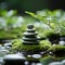 AI generated illustration of a stack of rocks in a lush green mossy garden